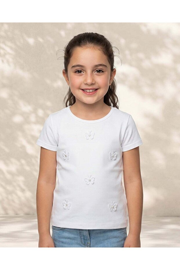 Girls White 3D Butterfly Embellished T-Shirt