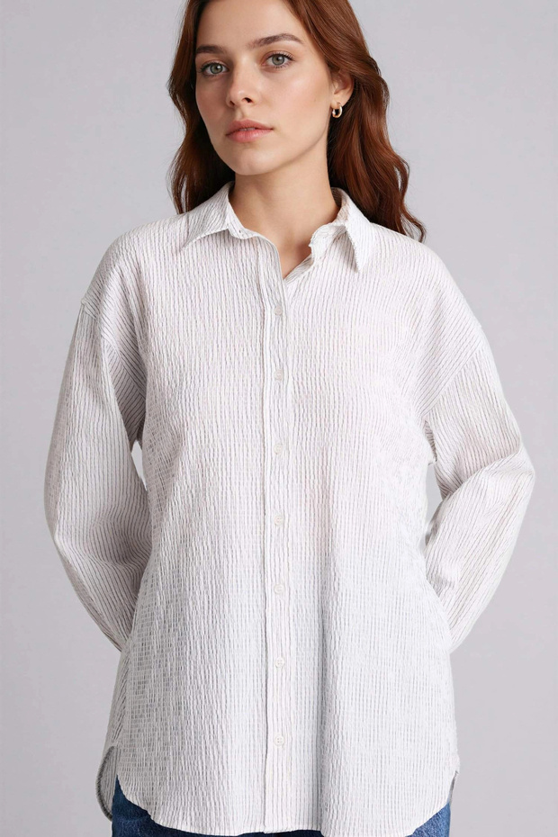 H0277Axer105 Ecru Regular Fit Striped Gofre Textured Long Sleeve Tunic