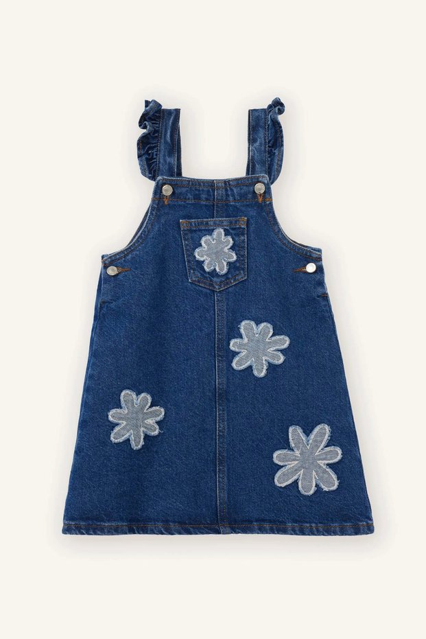 G8152A5Nm34 Blue Embroidered Salopet Jean Dress for Baby Girl