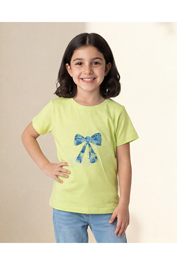 Girls Green Placement Print T-Shirt