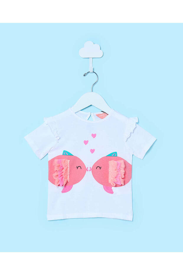 Infant Girls White Fish Printed T-Shirt With Mesh Applique