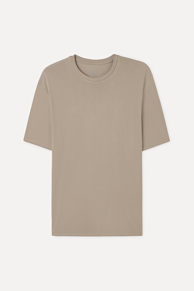 Men's Beige Modal Blend Loose Fit Crew Neck T-Shirt