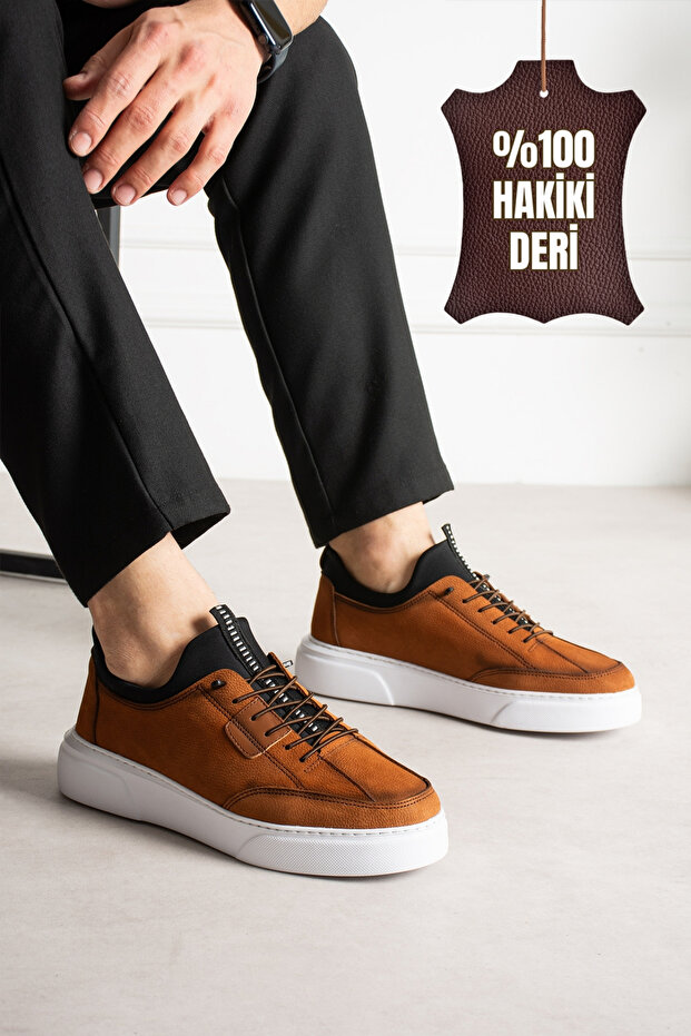 Orion Genuine Leather Men's Lace-Up Thick Sole Casual Tan Sneakers