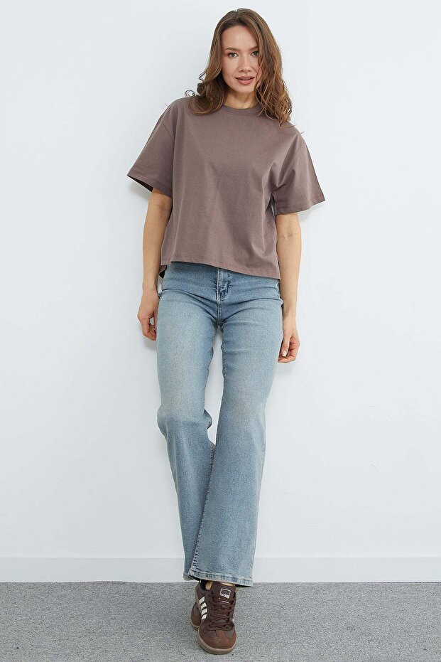 Basic Bisiklet Yaka Crop Tişört - 4