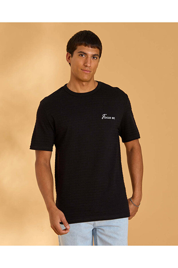 Men Black Jacquard T-Shirt