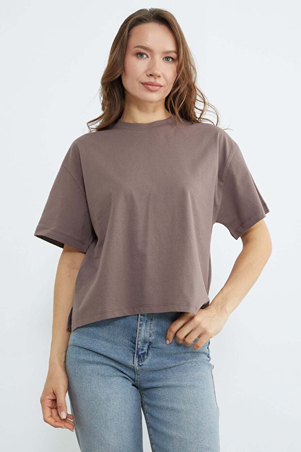 Basic Bisiklet Yaka Crop Tişört - 1