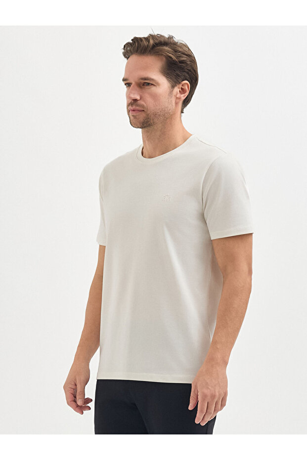 Ekru Pamuklu Bisiklet Yaka Tişört - 2