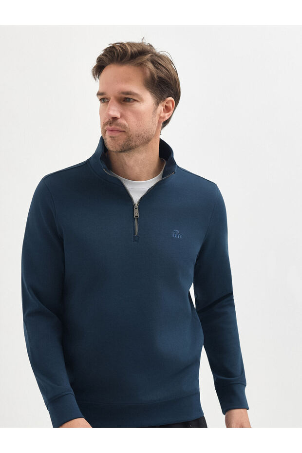 Lacivert Pamuk Karışımlı Yarım Balıkçı Fermuarlı Sweatshirt - 4