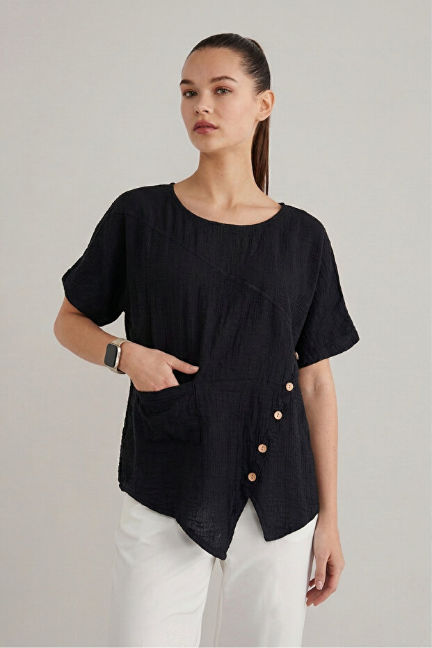 Women's Black Button Detailed Asymmetrical Linen Blouse Nj127