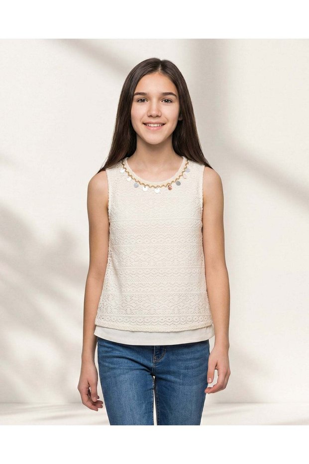 Senior Girls Beige Crochet Twofer Top with Embellishment