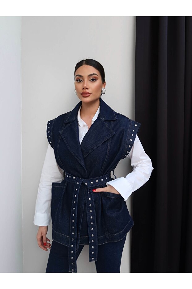 Studded Detail Belted Denim Vest