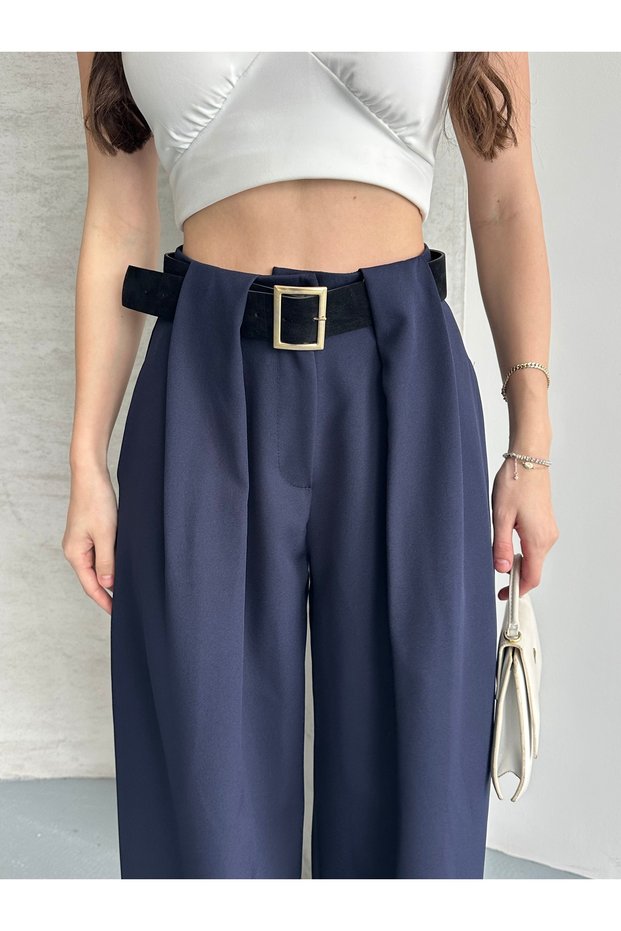 Women's Navy Blue Bridge Detailed Belted Palazzo Trousers