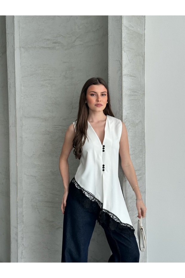 Women's Lace Pack Asymmetrical Cut Stylish Vest Blouse - White