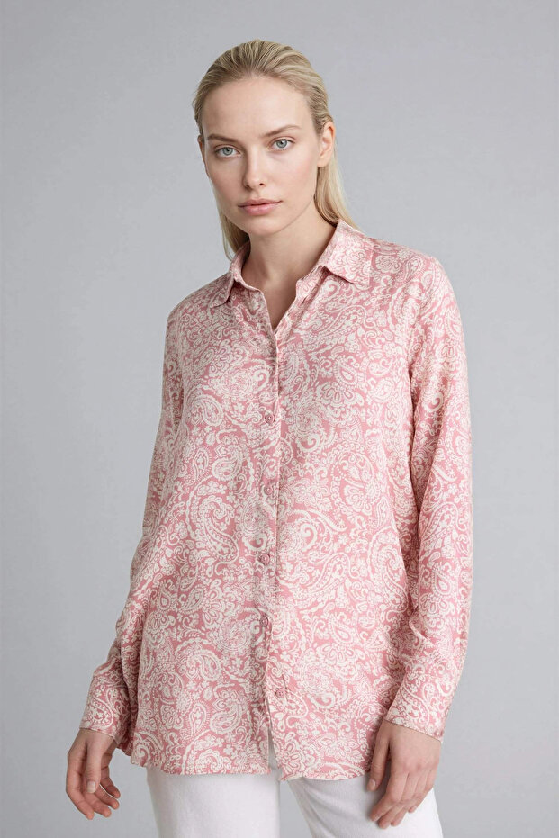 T0609Azpn623 Pink Loose Fit Shirt Collar Printed Long Sleeve Tunic