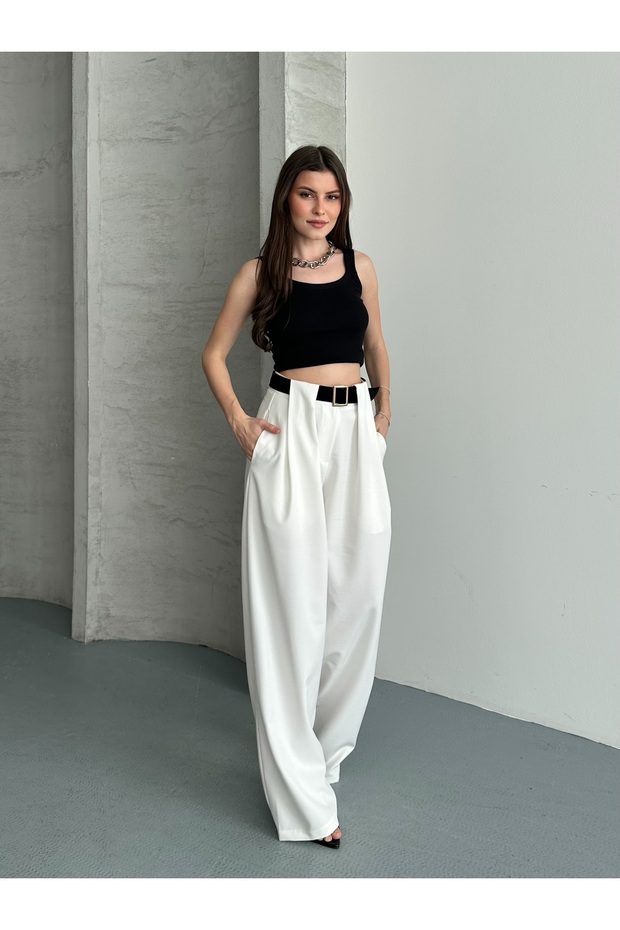 Women's White Bridge Detailed Belted Palazzo Trousers
