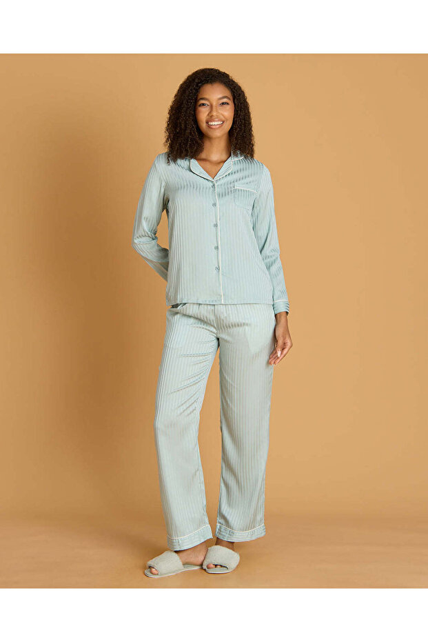 Women Mint Striped Satin Long Sleeve Pyjama Set