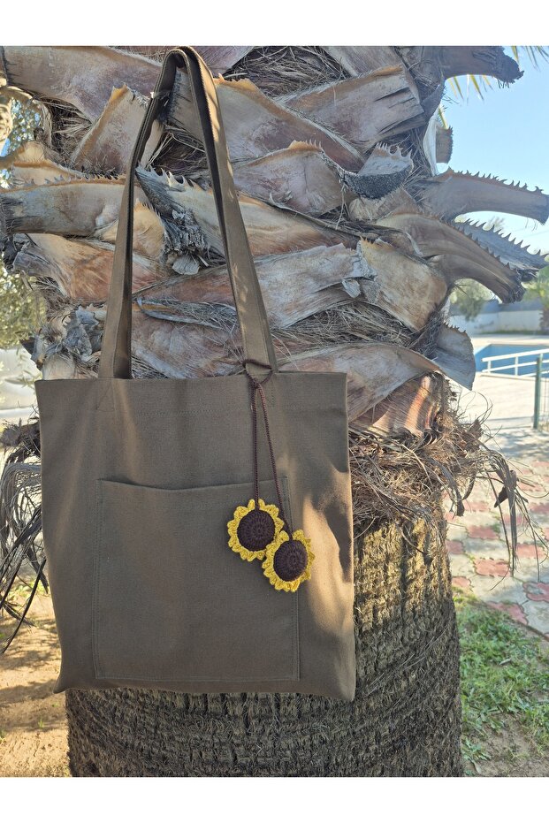 Canvas Brown Color Front Pocketed , Sunflower Amigurumi Charm Cloth Tote Shoulder Bag