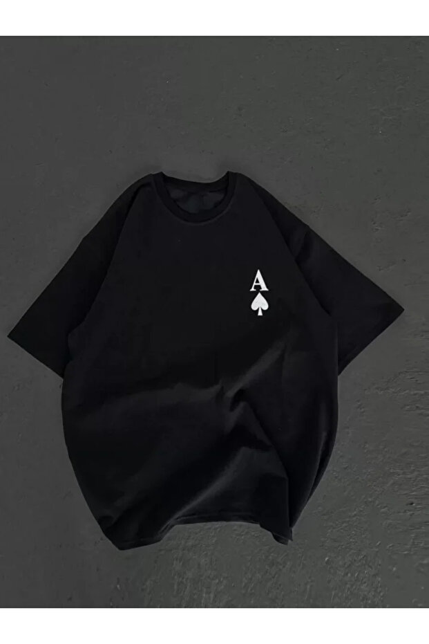 تي شيرت كبير الحجم مطبوع برقبة دائرية للجنسين - أسود