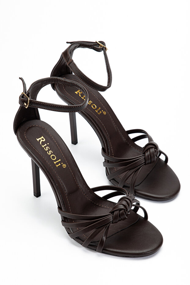 Women's Brown Leather Round Toe Knot Detailed Heels Sandals