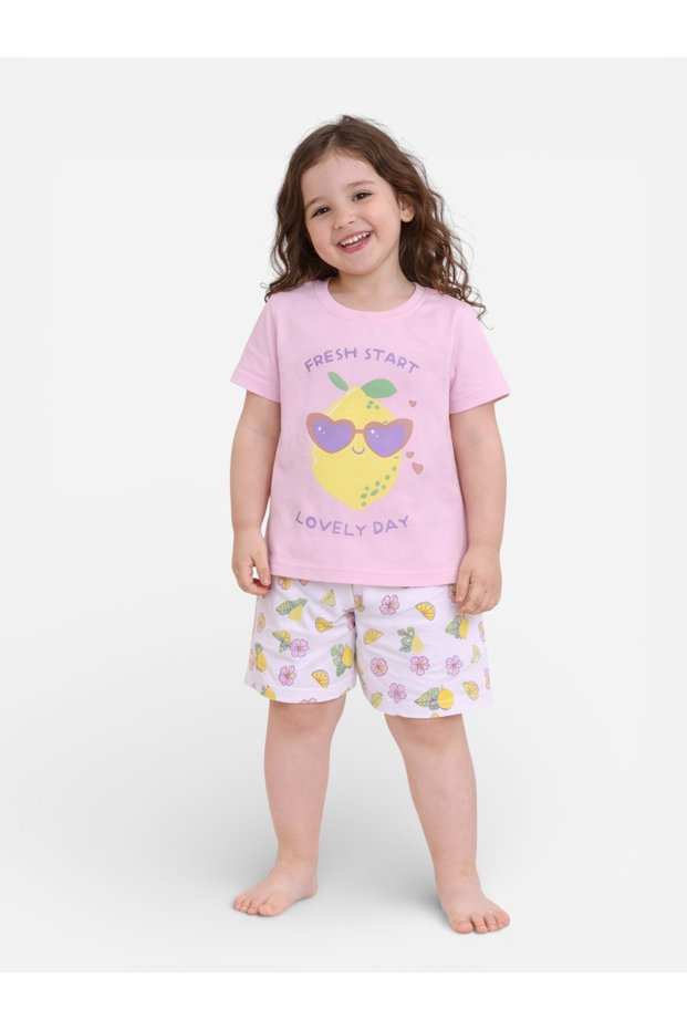 Girls Lemon Print Cotton Pajama Set – T-Shirt & Shorts Nightwear