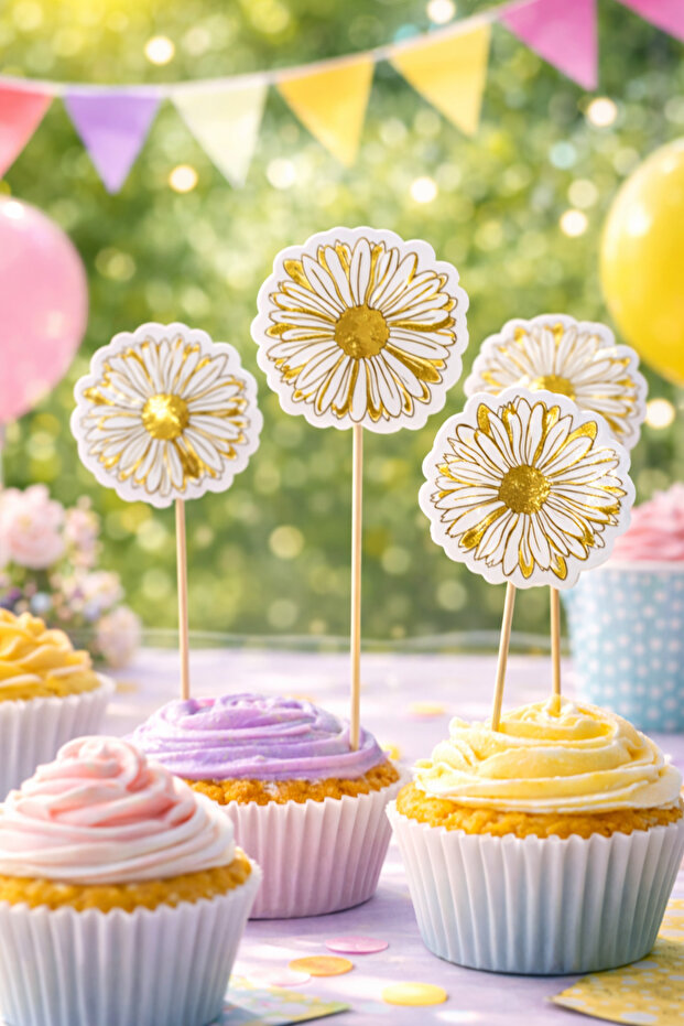 10-Piece Daisy Cake Decoration Set – Daisy Cupcake and Cake Picks with Gold Detailing