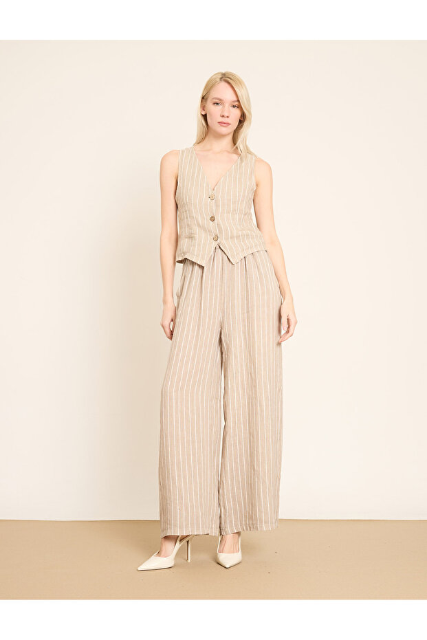 زر أمامي مخطط كتان سترة - 1