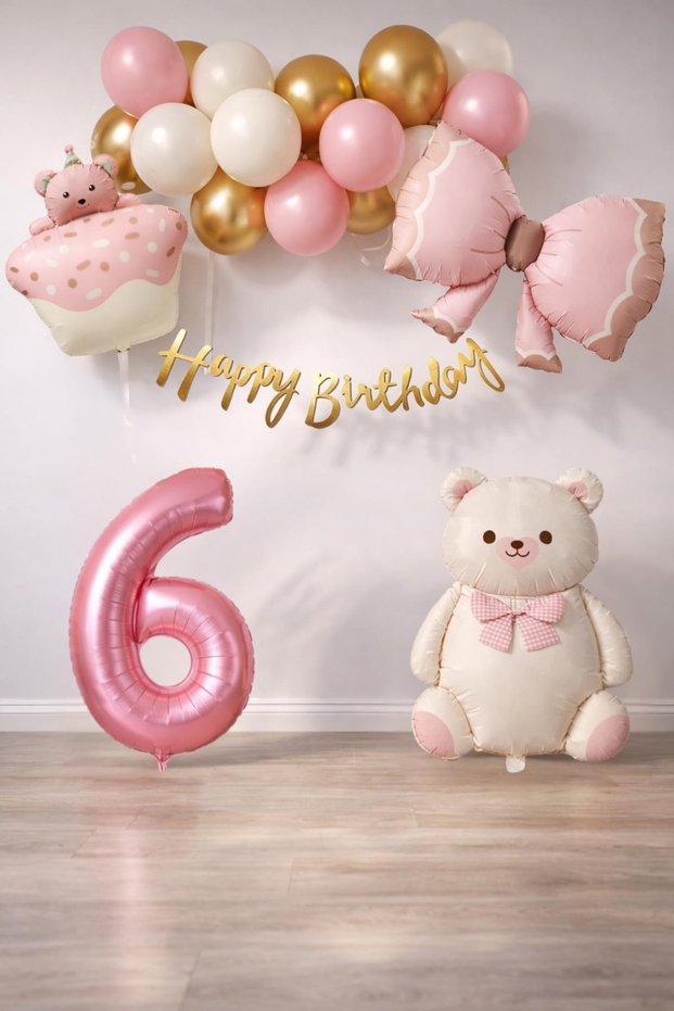 Retro 6 Year Old Teddy Bear Themed Baby Girl Concept Birthday Set