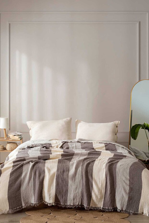 Reversible Striped Muslin Bedspread - 100% Cotton 4-Layered Piqué