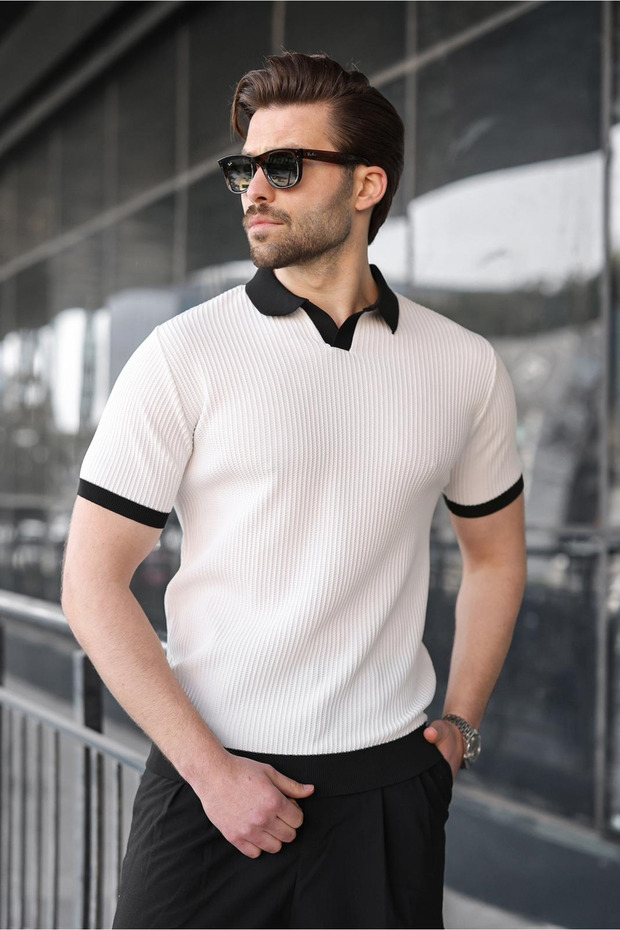 White Polo Collar Knitwear Men's T-Shirt E7464