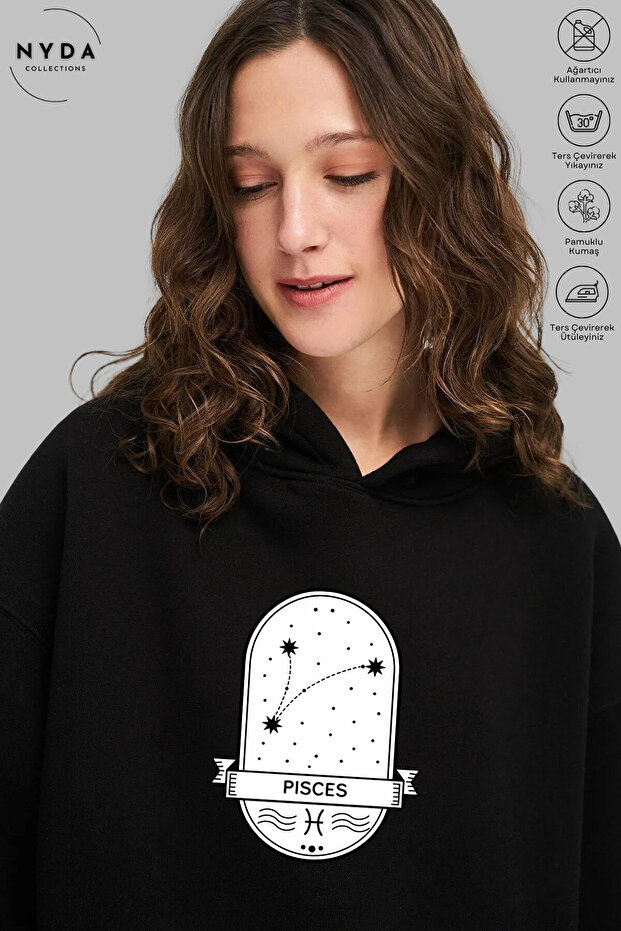 Unisex Hoodie Long Sleeve Pisces Balık Printed Hooded Brushed Inside Oversized 100% Cotton Combed Cotton Sweatshirt