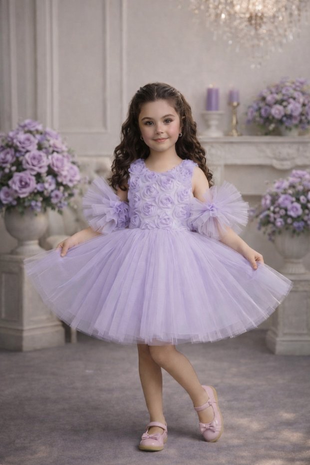 Lilac Pompom Sleeves Rose Patterned Tulle Piece Party and Birthday Dress Evening Dress