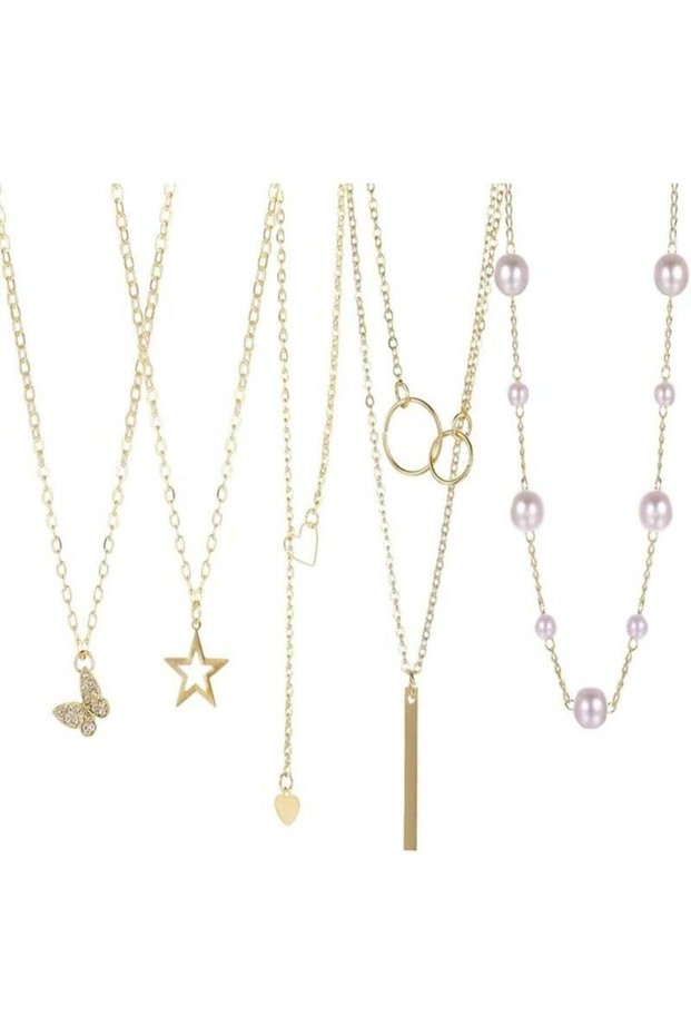 5-Piece Gold Color Necklace Set for Women Butterfly, Star, Heart, Bar & Pearl Chain Designs