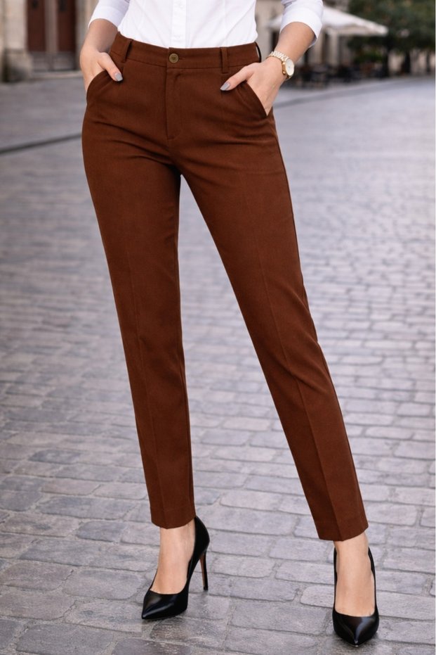 Carrot Dark Brown Pants Women's Crepe Fabric Original Cut with Pockets Narrow Leg Pleated High Waist Lycra Ankle Length