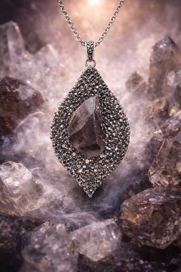 Smoky Quartz Natural Stone Hematite Embroidered Leaf Pattern Handmade Vintage Necklace - Period, Aesthetic