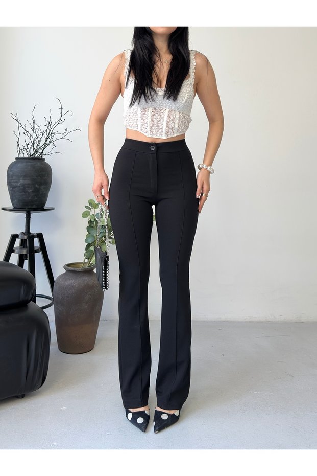 Women's Black High Waist Shaping / Sculpting Flared Striped Fabric Trousers Stylish Casual and Office Pants