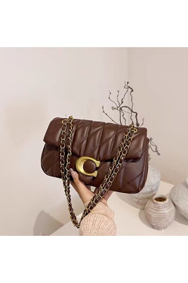 حقيبة كتف جلد مبطّن ، لون بني قهوة، 25 سم × 8 سم × 14 سم