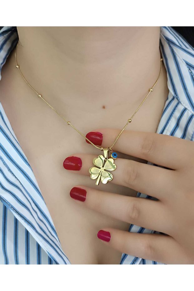 Clover Luck Necklace 316L Steel Evil Eye Beaded Gold Color Women's Necklace – Medium Size Stylish Everyday Jewelry