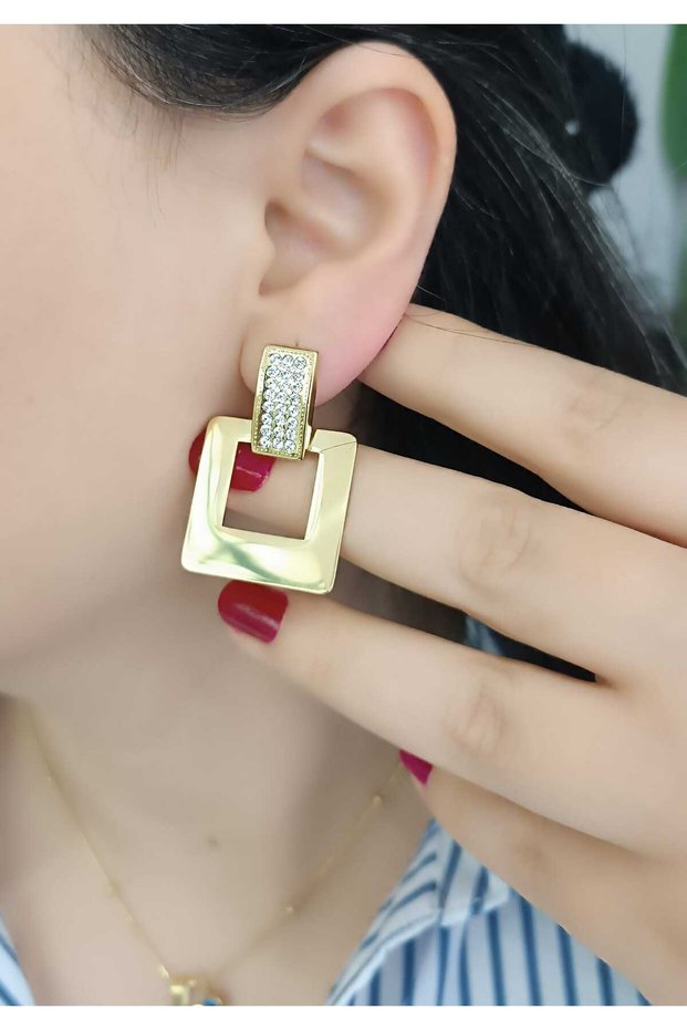 Women's Gold Steel Stone Square Dangle Earrings – Stainless Steel Stylish Modern Earrings