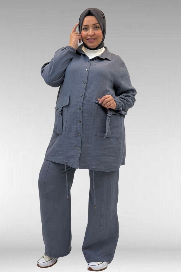 67015 Large Size Pockets D Buckle Detail Muslin Trousers Set - Anthracite
