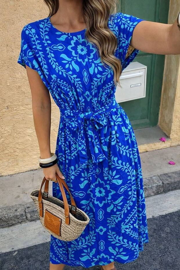 Women's Summer Crew Neck Short Sleeve Elastic Waist Belted Below Knee Dress 7E-2378