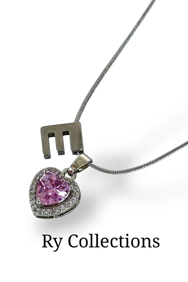 Silver Purple Zircon Stone E Letter Heart Necklace