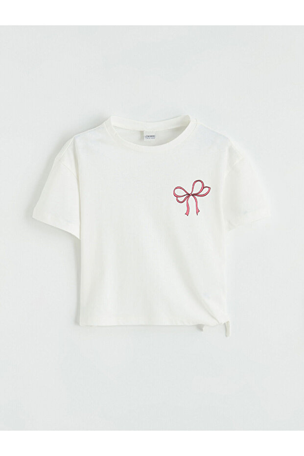 Alita City Ecru Bow Printed Girls' T-Shirt with a Difference