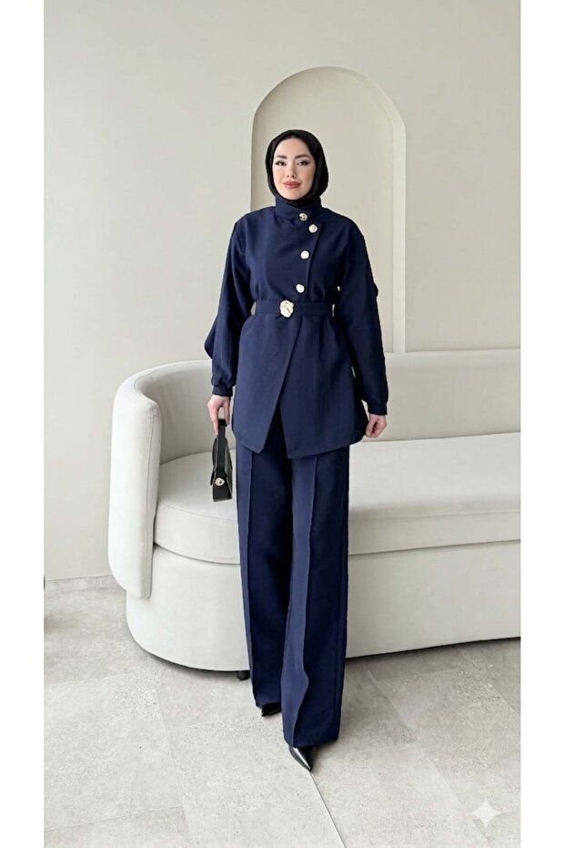 Moire Stone-Embellished Tie-Detail Waist Trouser Set - Navy Blue