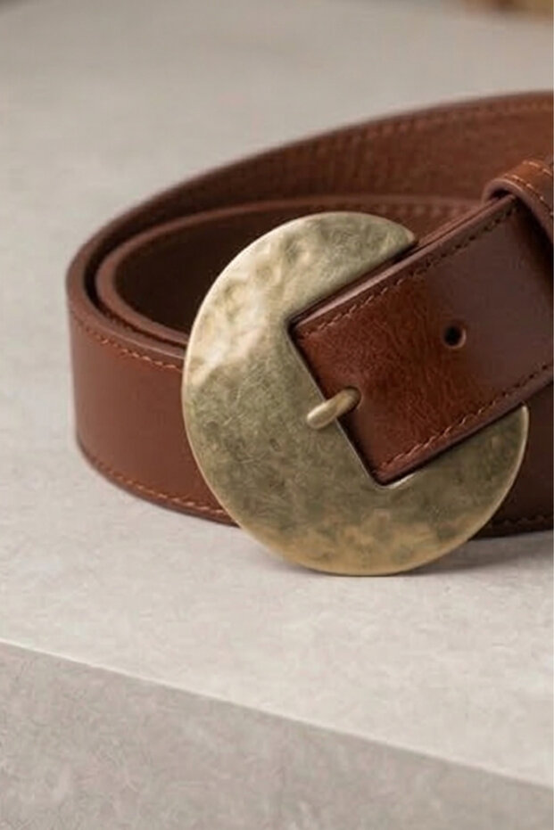 Leather Antique Gold Buckled Tan Belt