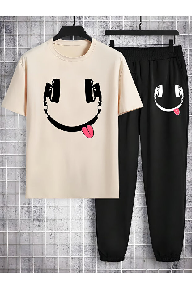 S t-shirt sweatpants Jogger Pants - black Printed bottom top tracksuit set Oversized crew neck