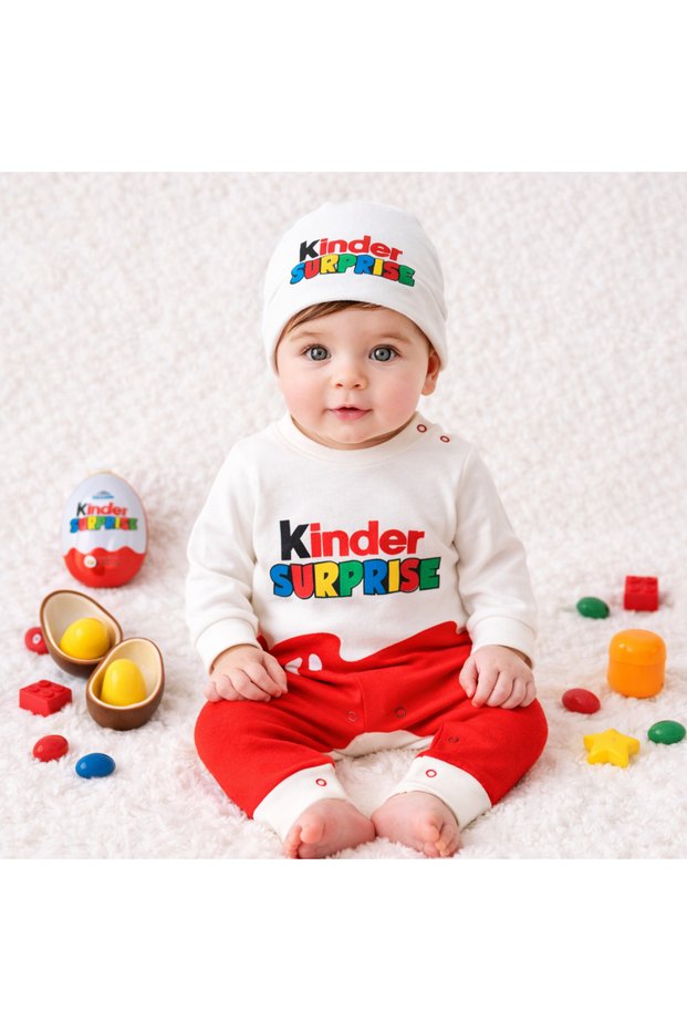 Murat Baby Unisex Kinder Surprise Printed %100 Cotton Baby Rompers Hat 2-Piece Set