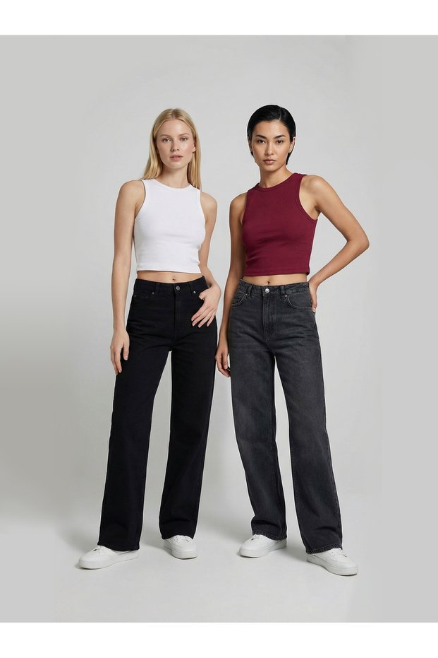 Women's 2-Piece White-Claret Red Corded Fabric Slimfit Halter Neck Body-Fitting Cropped Tank Top