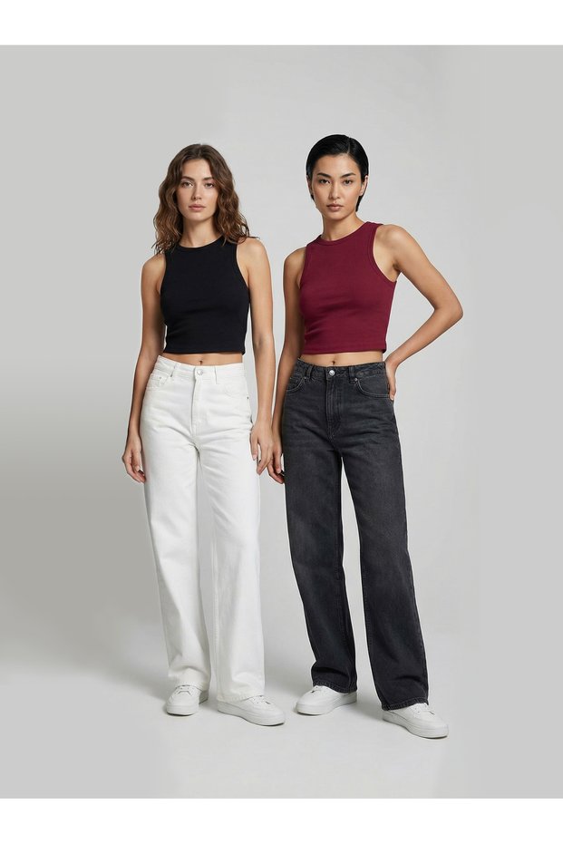 Women's 2-Piece Black-Claret Red Corded Fabric Slimfit Halter Neck Body-Fitting Cropped Undershirt