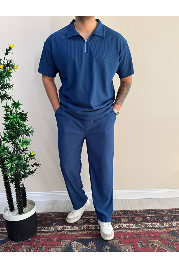 Men's Corded Fabric Polo Collar T-Shirt and Baggy Pants Set