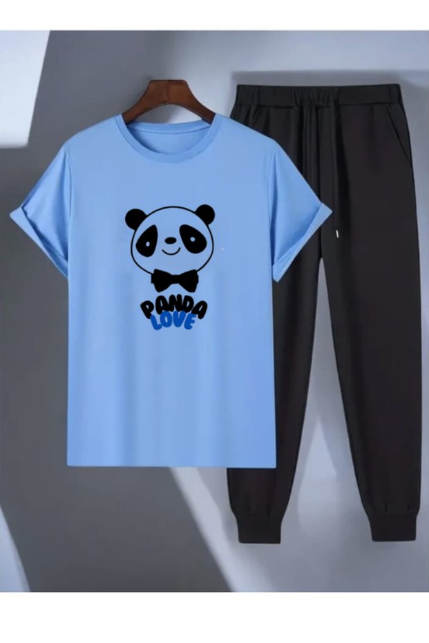 Panda Printed Sweatpants and T-Shirt - Jogger Pants T-Shirt Bottom Top Sweatpants Set Crew Neck